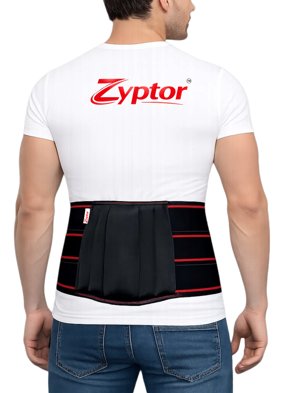 Model wearing the Zyptor Lumbo Sacral Support Belt, back view